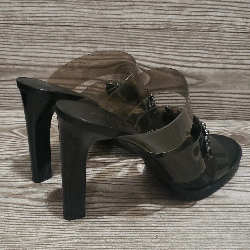 Karl Lagerfeld Brently smoke plastic straps with rhinestones high heels size 8.5